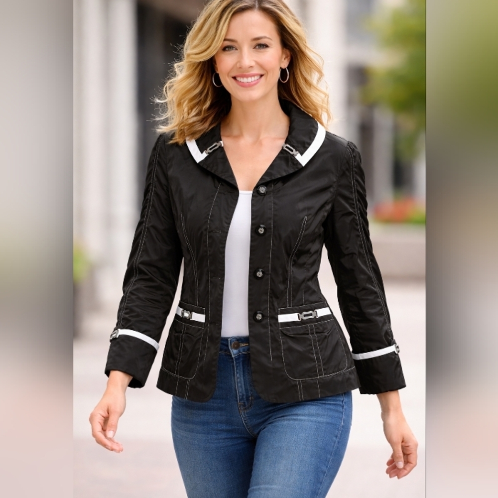 SPANNER Black Jacket White Trim Silver Buckles Medium Business Casual Coastal
